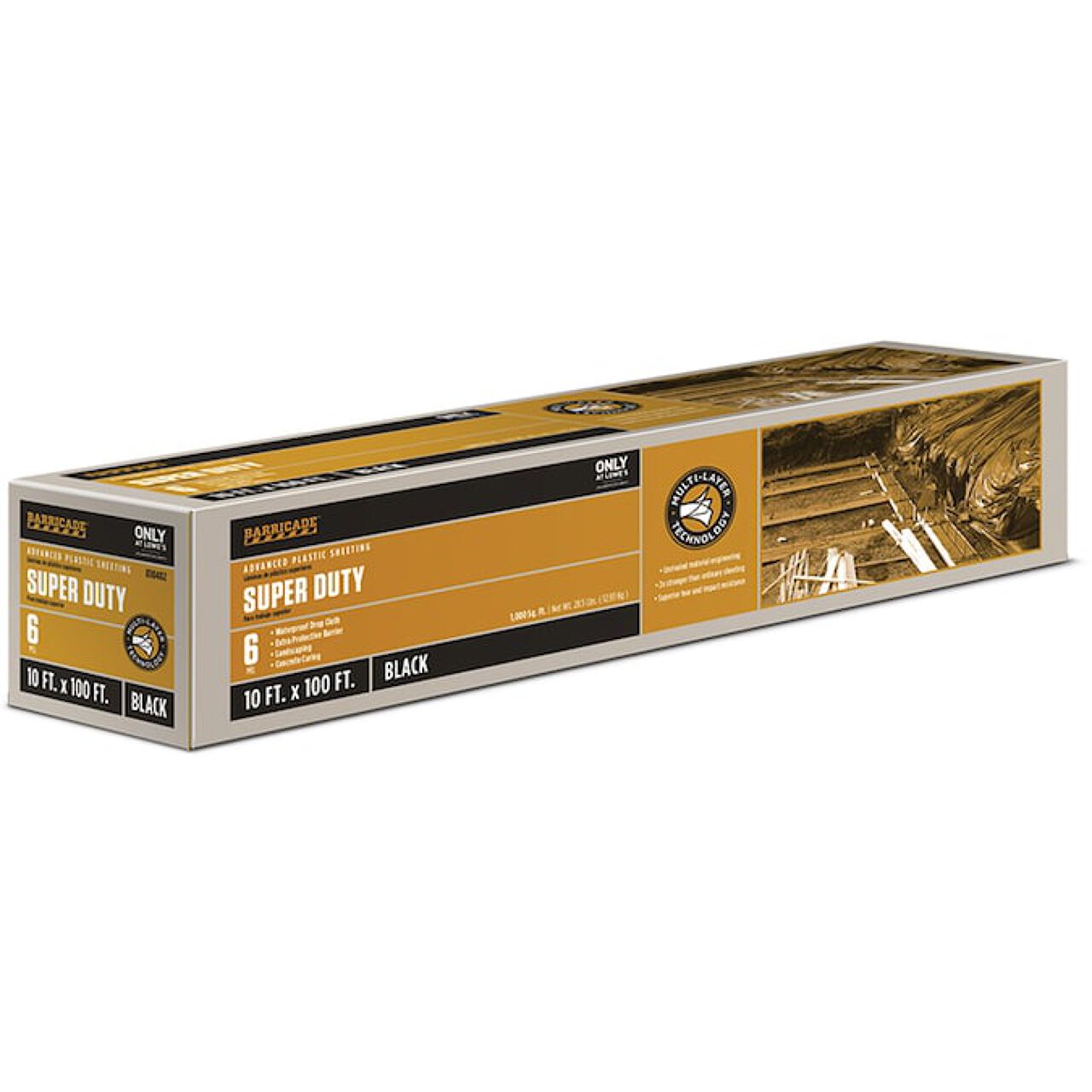 A rectangular box of Go Build 10 ft. x 100 ft. (1000 sq. ft.) Plastic Sheeting - Black, 6-mil advanced polyethylene, features product details and a construction site image on the packaging. Brand: The Fastest Way To Build.